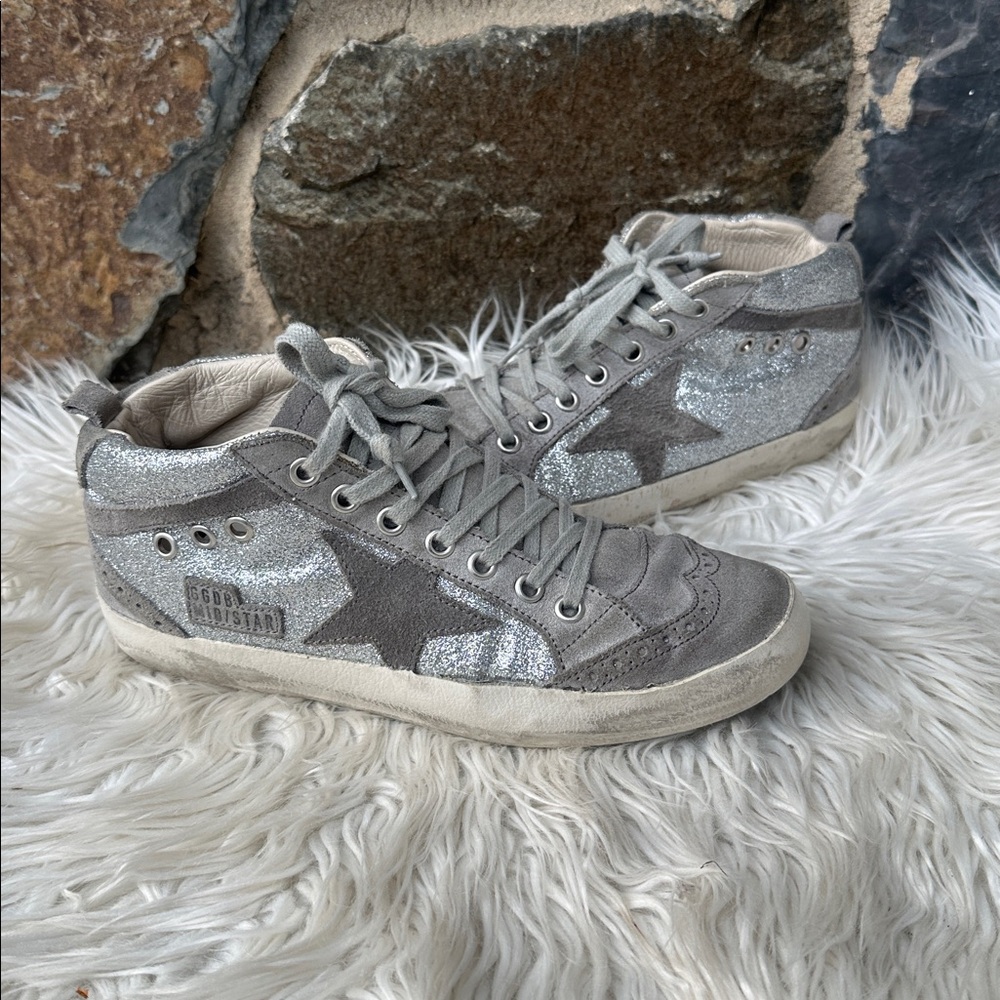 Golden Goose Mid Star Lace Up Distressed Glitter Sneakers in Grey/Silver Size 36
